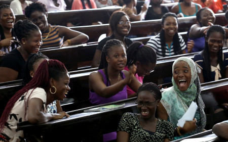 University of Ghana students laugh during a class lecture in Accra, Ghana on October 14, 2015. Photo © Dominic Chavez/World Bank