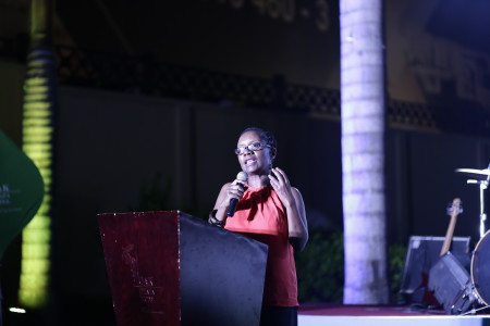 AWDF Director Of Programmes Sarah Mukasa announcing the AWDF African Woman In Film Award GMA’s  